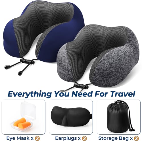 Image of ExploreBliss Travel Pillow, Neck Pillow Airplane, Grey & Blue | Travel Pillows for Airplanes, Neck Pillow Airplane, Memory Foam Neck Pillow Set with Eye Mask, Earplugs