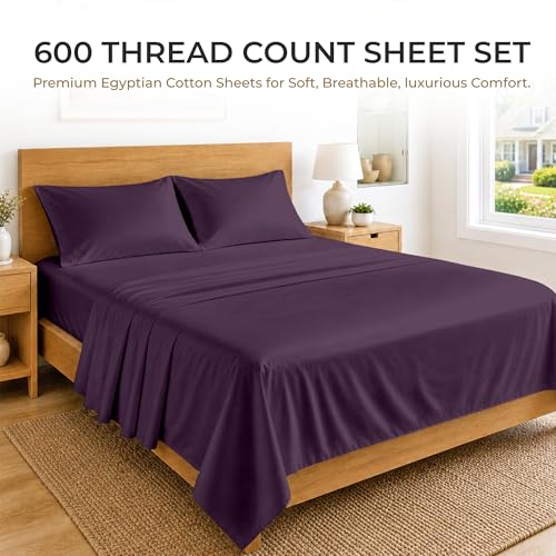 Image of SGI bedding RV Short Queen Sheet Set 60x75, 600 TC Egyptian Cotton, 4 Piece Luxury Hotel Collection, Ultra Soft & Breathable, Fits RV Mattress Camper & Trailer, 15 Inch Pocket, Plum