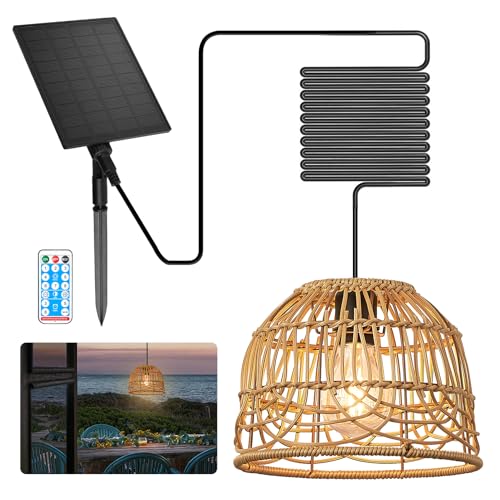 BRIMETI LED Lampe Solaire Extérieur Intérieur Suspendue Luminaire Suspension Solaire Rotin avec Télécommande Lustre Dimmable IP65 Étanche, pour Jardin...