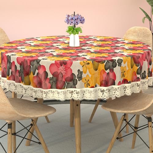 Image of Kuber Industries Polyvinyl Chloride(PVC)60x60 Inches Round Waterproof 4 Seater Dining Table Cover,Durable & Wipeable Centre Table Sheet,Cloth & Protector for Home,Bedroom&Office,Multi Floral,White Red