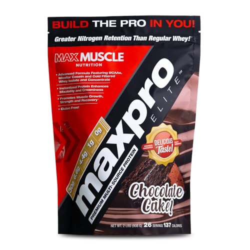 Max Muscle Maxpro Elite Premium Multi-Sourced Protein | Bcaas, Micellar Casein, Cold Filtered Whey Isolate and Concentrate | Promotes Muscle Growth, Strength and Recovery (Chocolate Cake, 2lb)