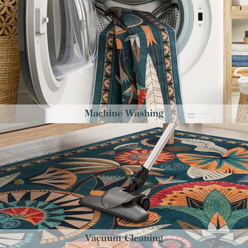 Image of Zealude Boho Egypt Green Area Rugs for Living Room Bedroom, 5x7 Washable Large Dining Room Rug Non Slip, Floral Vintage Farmhouse Throw Carpet for Office Hardwood Floor Playroom (Dark Green,5 x 7)