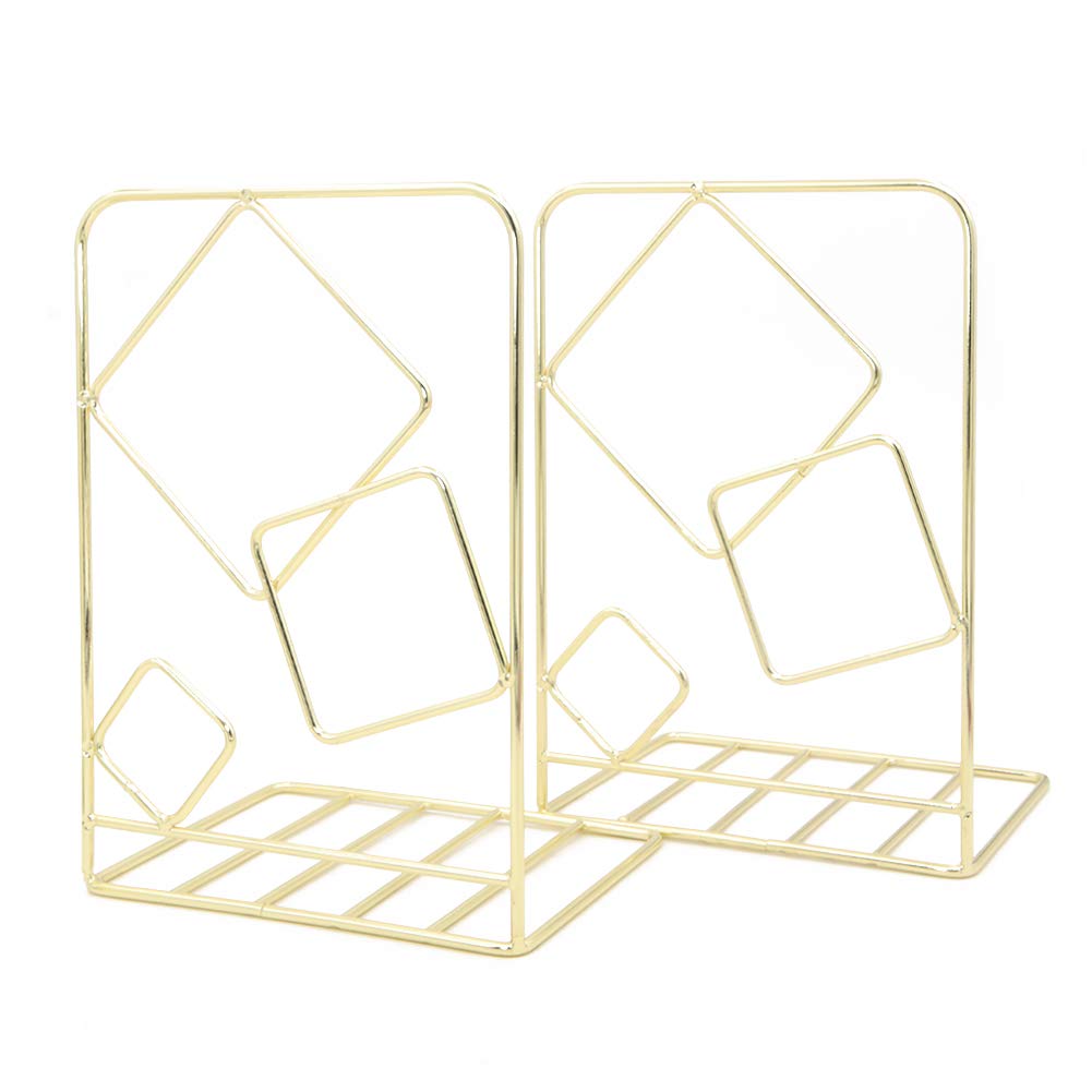 WinterwormMetal Bookends Book Ends Heavy Duty Modern Decorative for Bedroom Library Office School Book Display Desktop Organizer Gift(Square Gold)