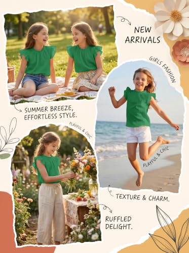 Image of Arshiner Girls Ruffle Short Sleeve Shirts Cute Summer Frill Neck Pleated Textured Blouse Tops