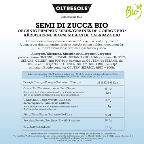 Oltresole, Bio-Kürbiskerne geschält 1 kg, Bio-Ölsaaten roh, nicht geröstet und ungesalzen, ideal als Snack oder für Salate, ideale Packung für Familien
