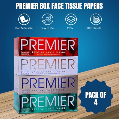 Image of Premier Face Tissue Papers Box 100 Pulls 2Ply (Pack of 4) [Total- 400 Pulls, 800 Sheets] Soft & Absorbent Facial Tissues | Disposable Tissues for home, Car tissue box, Office tissue paper