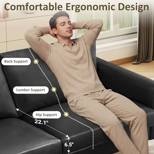 Image of Kingfun 80 inch Faux Leather Sofa Couch, Mid Century Modern Leather Couch with Rolled Arms and Deep Seats, Brown Leather Sofa for Living Room, 3-Seater Couch for Apartment, Office and Bedroom, Black