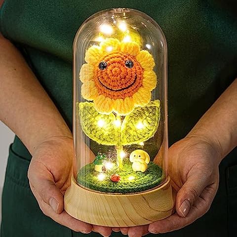 Levvohd Crochet Sunflower Gifts for Women, Artificial Sun Flower Birthday Gifts for Grandma, in Plastic Dome Sunflower, for Her Mom Mothers Day Christmas Day Gifts (B - Sunflower 4.3 in X 7.5 in) Cover