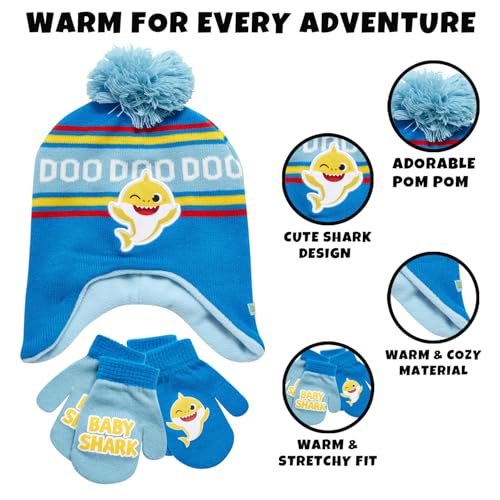 Image of Nickelodeon Boys' Baby Shark Winter Hat and 2 Pairs of Mitten Set (Toddler)