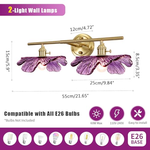 Image of Purple Glass Wall Sconce, 2-Light Gold Bathroom Vanity Lights Over Mirror with Petal Glass Shade, Indoor Art Decor Wall Mount Light for Girl Room Doorway Hallway