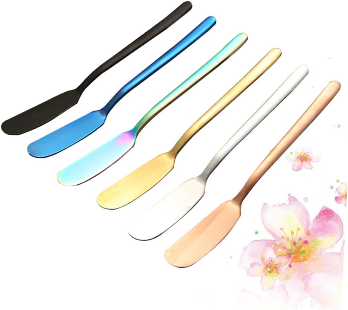 6pcs Stainless Steel Butter Spreader Long Handles for Cream Jam and Butter Spreading Elegant Design Gold and Blue