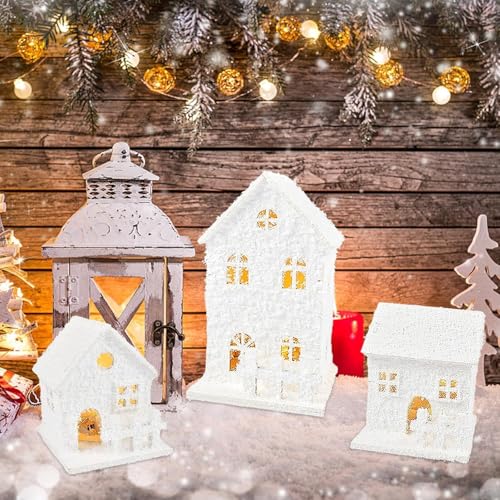 Newtic Casita de Natal LED 3 peças cidade de Natal branca luminosa, casa de madeira com iluminação LED, pilhas incluídas, decoração em miniatura, presentes para crianças