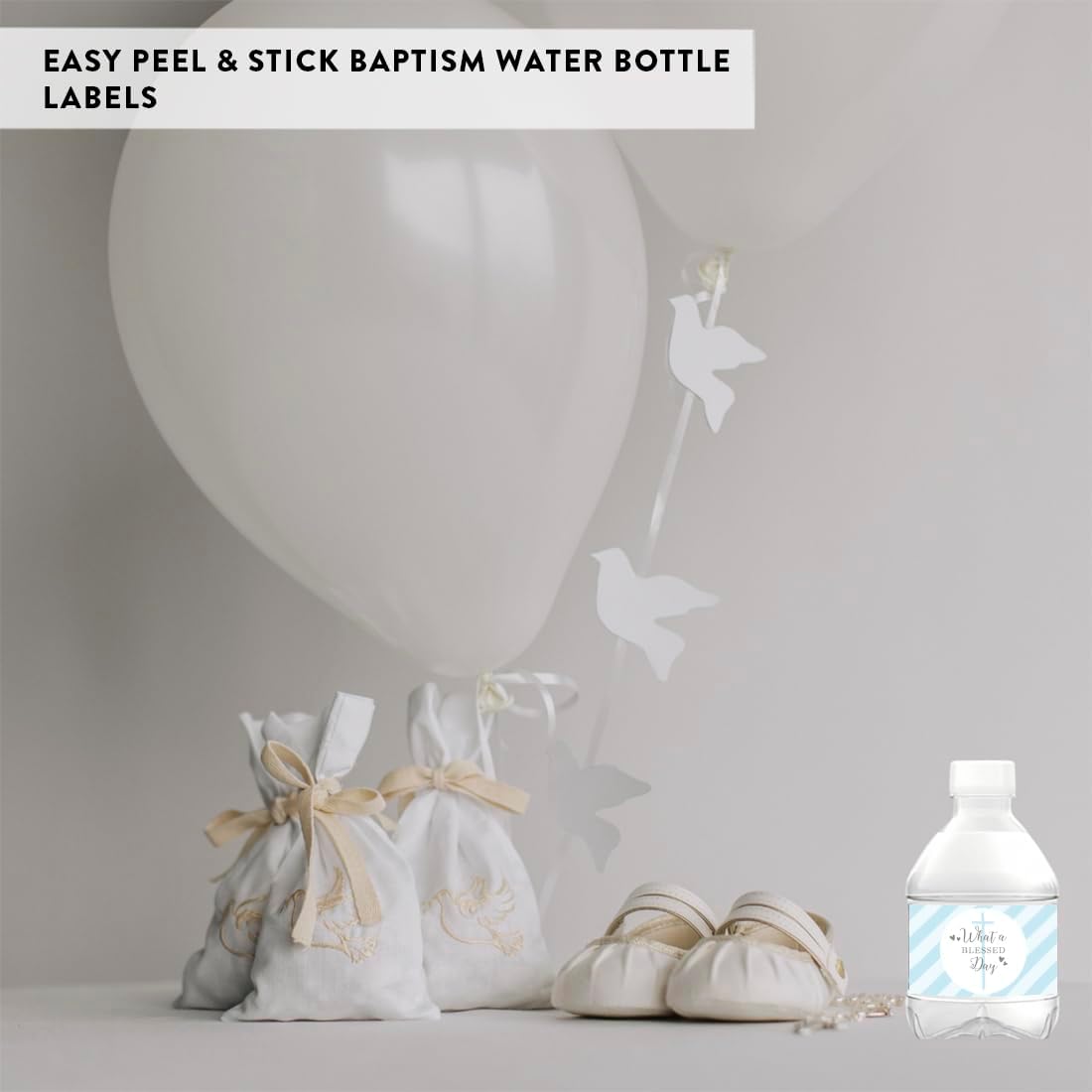 Andaz Press Baby Blue and Gray Boy Baptism Collection, Water Bottle Label Stickers, 20-Pack