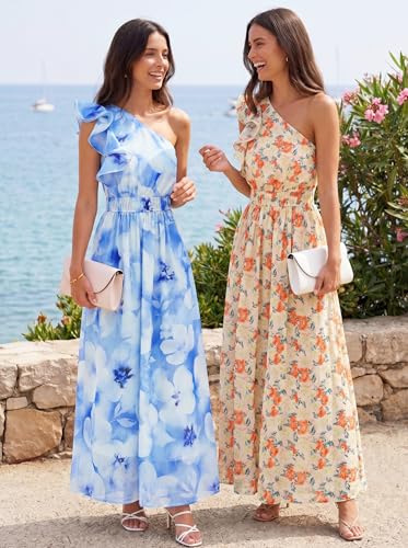 Image of ZESICA Women's 2026 Summer Floral Sleeveless Maxi Dress | One Shoulder, Sleeveless, Ruffle, High Waist, Beach Wedding Guest, Vacation, Graduation, Bridal Shower, Boho Long Dresses