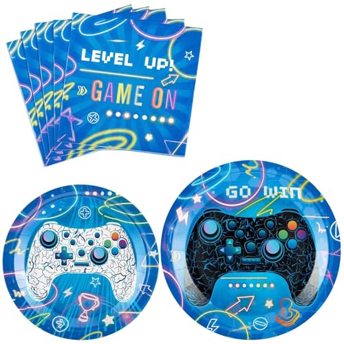 WERNNSAI Blue Video Game Party Plates and Napkins -48 PCS Gamer Theme Party Supplies Boys Gaming Birthday Party Decorations Dinner Dessert Plates Paper Napkins for Family Gaming Night Serves 16 Guests