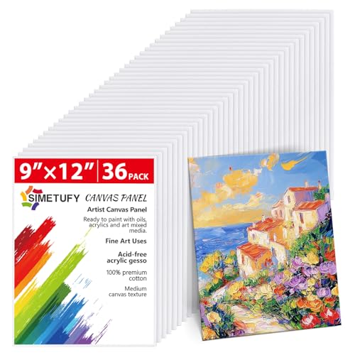 Simetufy 36Pack 9x12 Inch Canvas Boards for Painting Bulk Blank Art Canvases for Novices Gesso Primed 100% Cotton Canvas Panels for Acrylic Oil Watercolor Tempera Paint