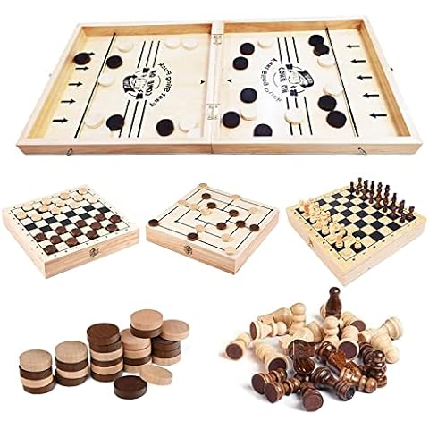 TUAHOO 4 in 1 Wooden Board Games for Adults Kids Family Games Slingshot Fast Sling Puck Game Large Foosball Winner Board Games Table Hockey Game Wooden Chess Checkers Nine Mens Morris Cover