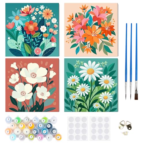 RICUVED 4 Pcs Pintar por Numeros Adultos Flores con Marco, DIY Paisajes Cuadros para Pintar por Números con Caballete de Madera, Pintura Acrilica Manualidades Adultos Decoracion 20x20cm