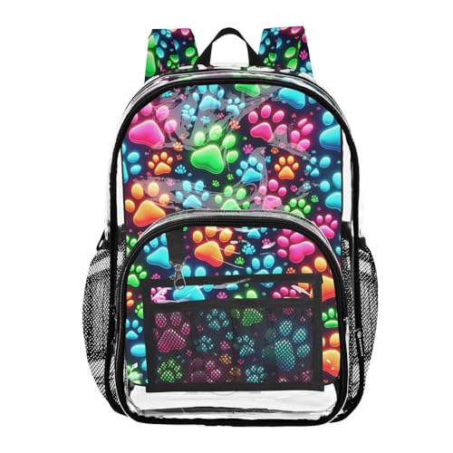 Neon Paw Prints Clear Backpack, Heavy Duty PVC Transparent Backpack, Multiple Pockets See Through Backpacks for Work, College, Travel