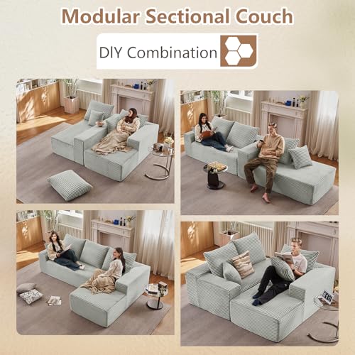 Image of 96 inch Modular Sectional Sofa, Modern Corduroy Cloud Couch with Deep Seat, Boneless Couch Upholstered 3-Seater L-Shaped Sofa for Living Room, No Assembly Required (Light Gray, Right-Facing Chaise)
