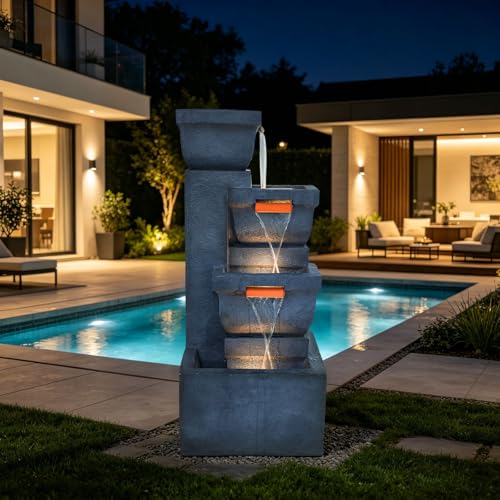 Image of 4-Tier Rock Outdoor Water Fountain, Resin with LED Light, 42 in | Cascading waterfall feature, indoor & outdoor available, decor for garden, patio, backyard and porch