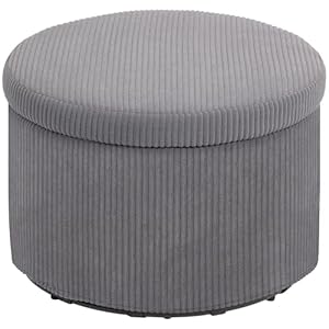 HOMCOM Storage Ottoman with Lid, 24 Inches Round Pouf Ottoman with Storage, Upholstered Corduroy Foot Rest Stool for Living Room, Bedroom, Gray