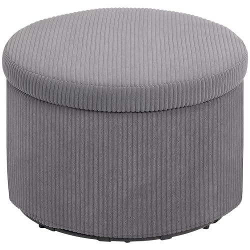 HOMCOM Storage Ottoman with Lid, 24 Inches Round Pouf Ottoman with Storage, Upholstered Corduroy Foot Rest Stool for Living Room, Bedroom, Gray