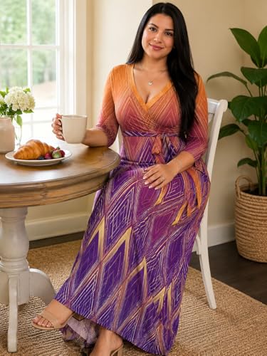 Image of Plus Size Maxi Dress for Women V Neck 3 /4 Sleeve Wrap Dress