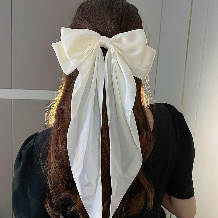 Image of FilterFashion Big Satin Layered Hair Bows for Women Girls 11.5 Inch Barrette Hair Clip Long Back Ribbon Bows French Style Hair Accessories (Yellow,White)