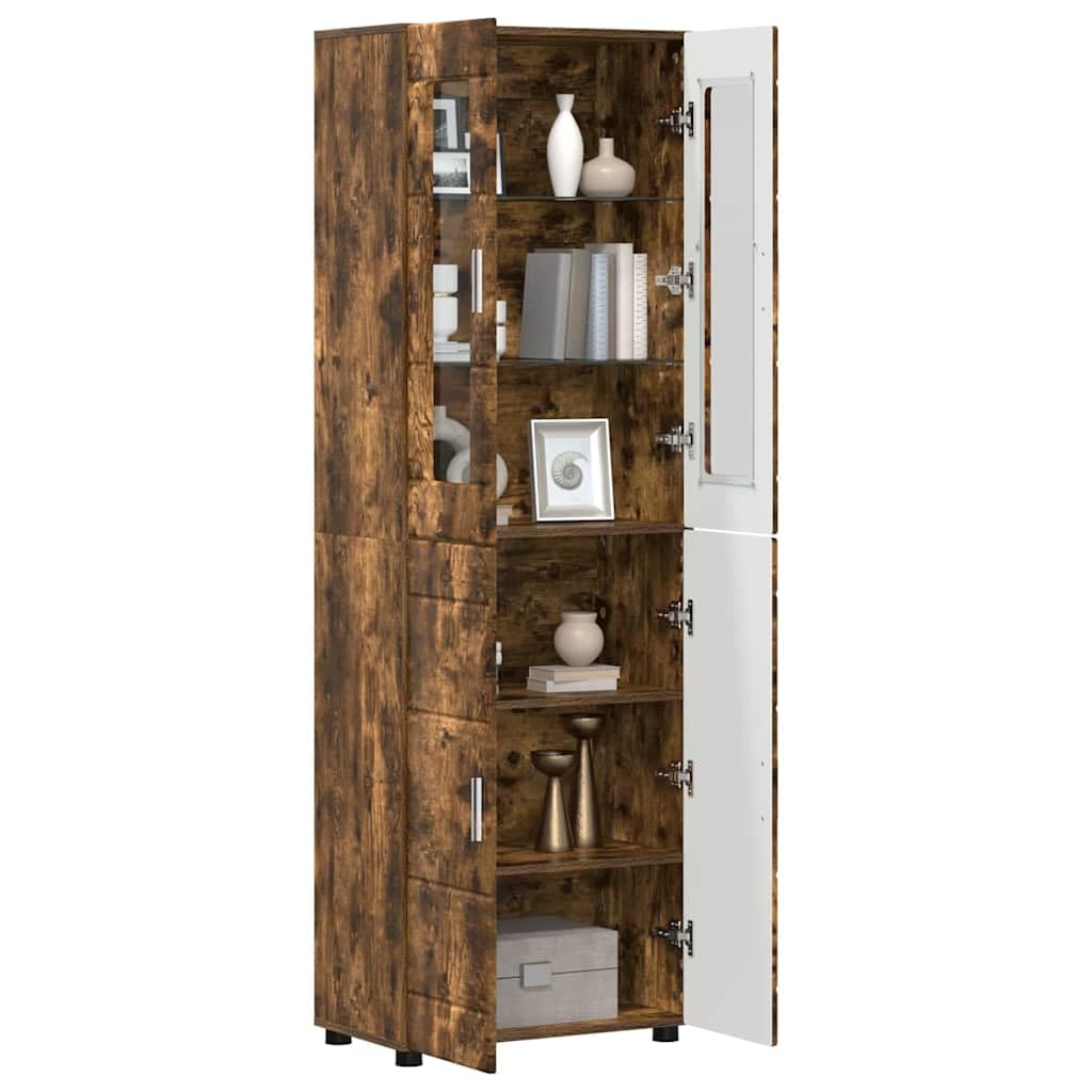 Florin Meuble haut 60 x 35 x 182 cm en chêne fumé avec 4 portes et 6 étagères pour un espace de rangement élégant dans le salon, le bureau à domicile ou la chambre à coucher, matériau en bois