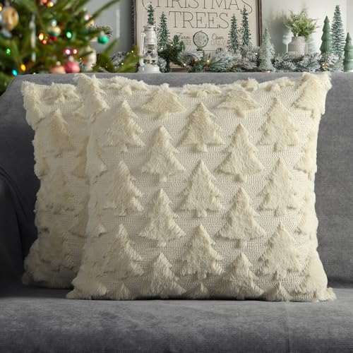 Farmhouse Xmas Pillow Covers - Soft Plush Faux Fur Set of 2