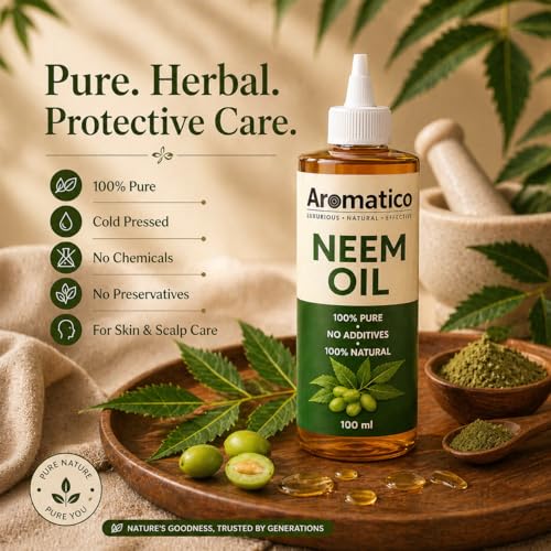 Image of AROMATICO Cold Pressed Neem Oil for Hair, Scalp & Skin - Neem Hair Oil for Dandruff, Scalp Care & Hair Growth | Natural Plant Care Oil | 100ml