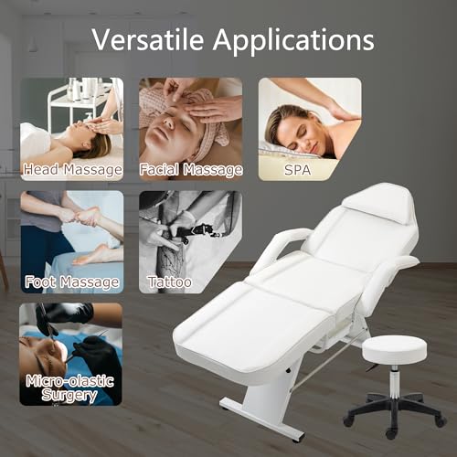 LOPOO Massage Salon Tattoo Chair with Two Trays, Multi-Purpose 3-Section Facial Bed Table, Adjustable Esthetician Bed with Hydraulic Stool, Full-Body Massage, Comfortable Faux Leather, White - Thumbnail 5