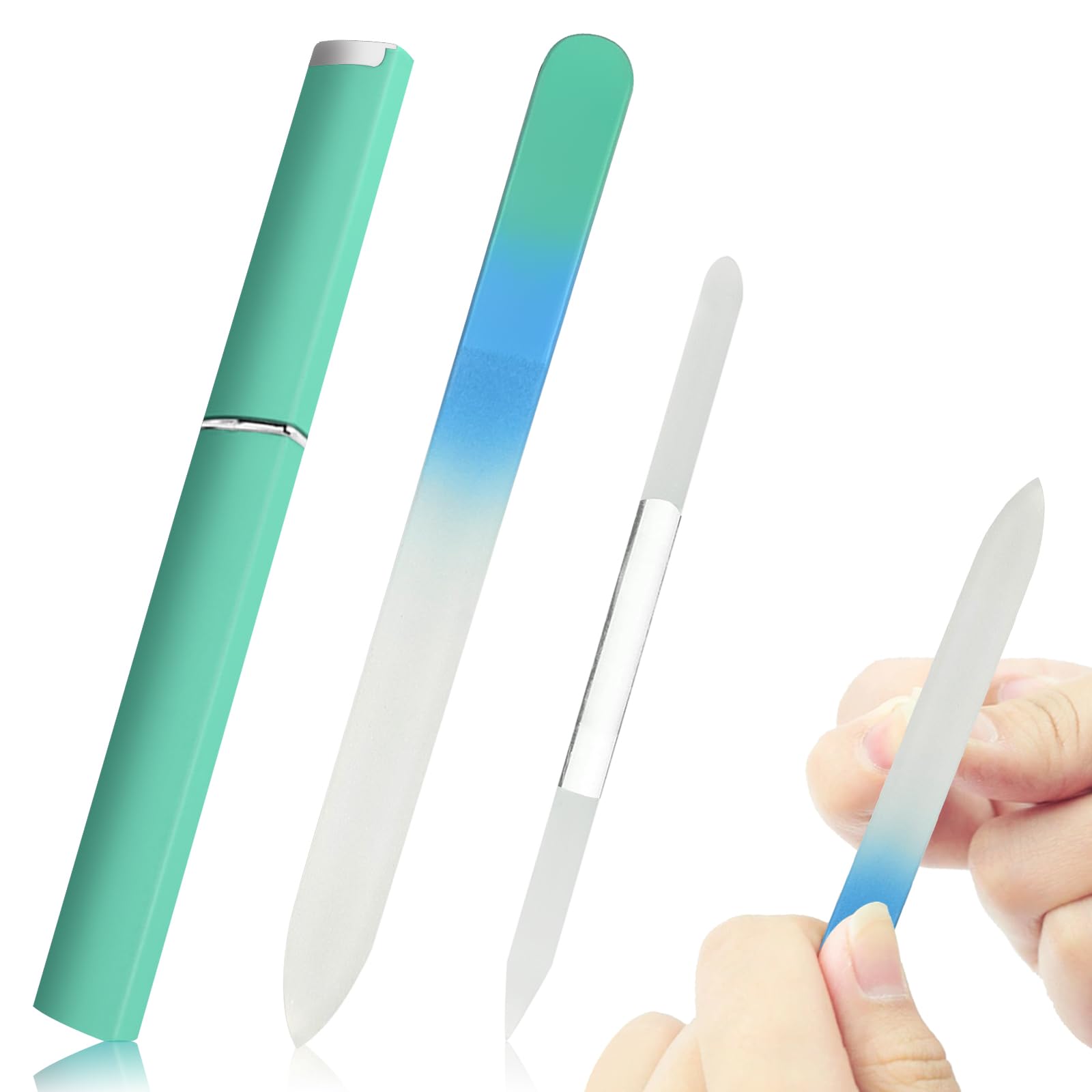 2 Piezas Lima de uñas de Vidrio,Lima Cristal con Estuche de Cuero,limas de uñas de doble cara,Herramienta de Manicura Profesional Lima de Uuñas para Uñas Naturales (Verde hierba)