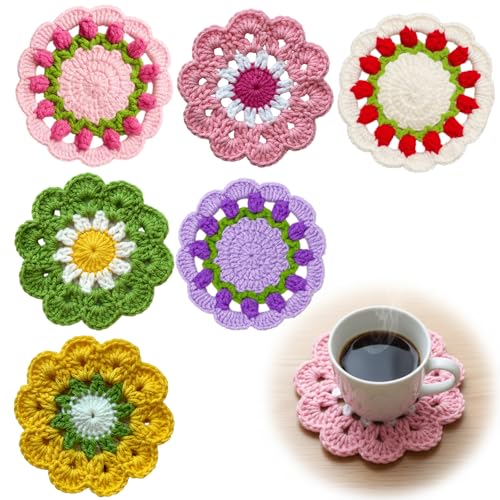 6pcs Crochet Coasters, Flower Coasters, Home Decor, Table Protection