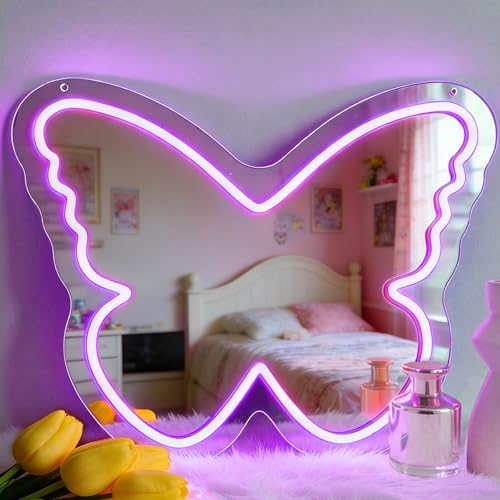 KATMBFUE Butterfly Neon Sign with Mirror Backing - Dimmable LED Mirror Wall Decor for Girl's Bedroom, 16x12 Inch Glowing Purple Butterfly Vanity Mirror with Lights, USB Powered Kids Room Gift