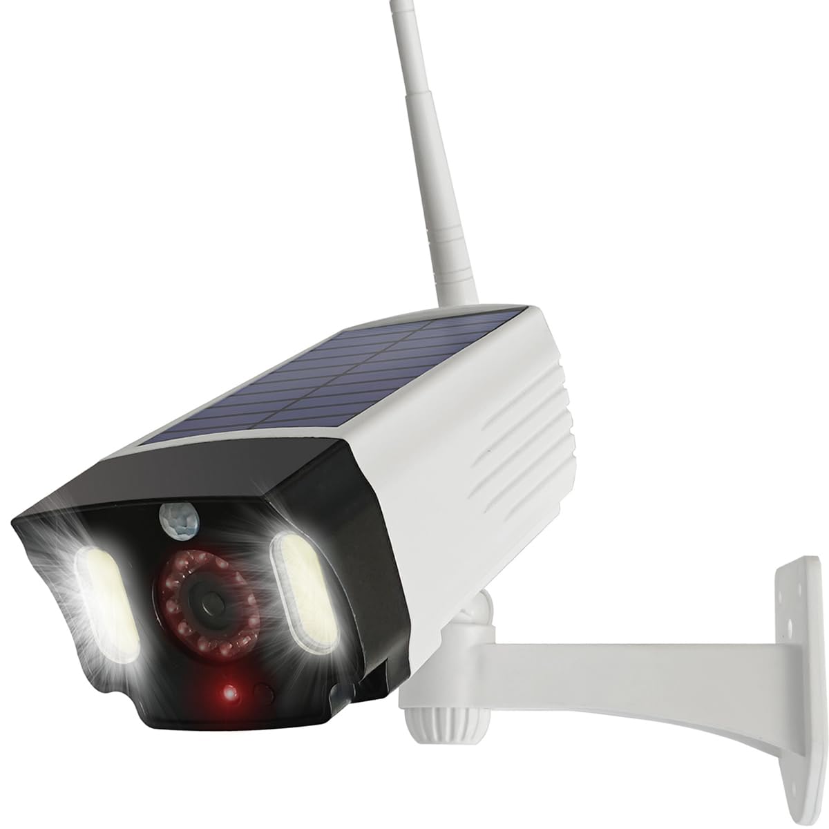 Justop - Caméra de vidéosurveillance factice, alimentée par panneau solaire, avec projecteurs de sécurité LED et détecteur de mouvement PIR, étanche pour usage extérieur - Blanc