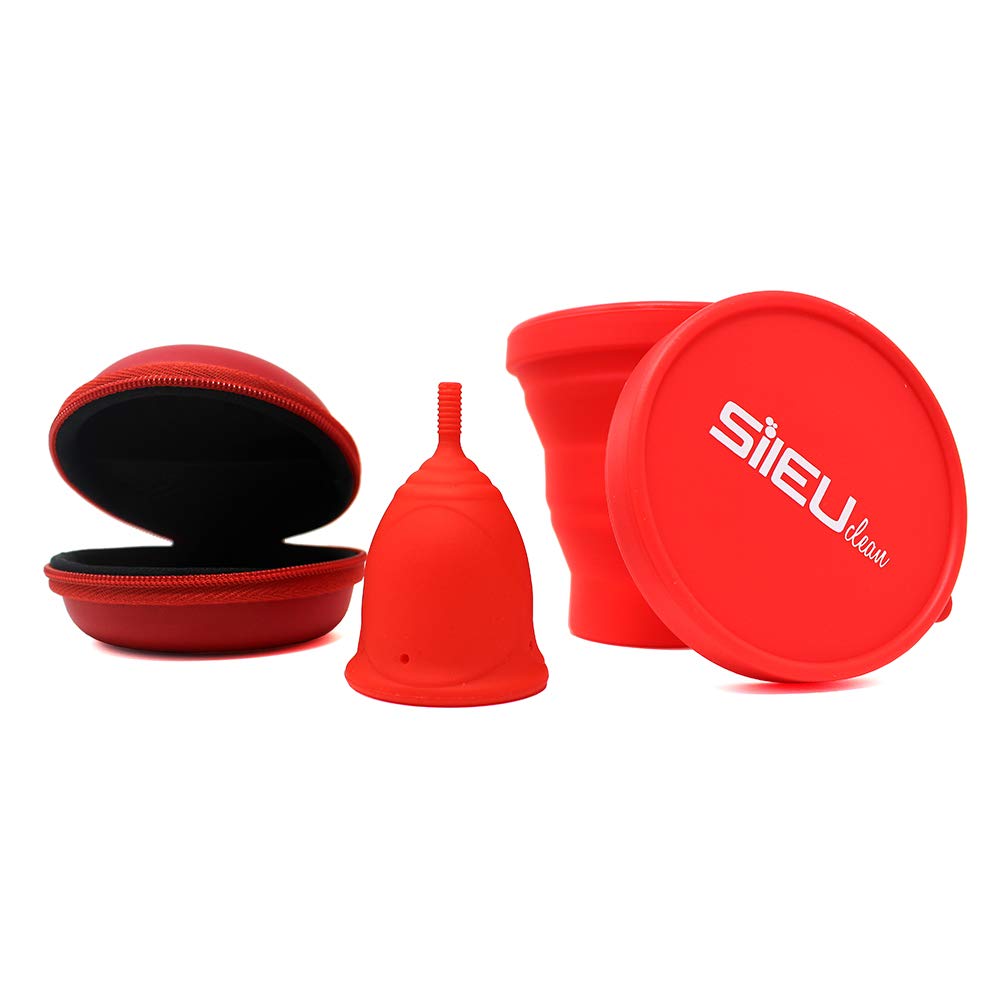 Pack Sileu Travel: Copa Menstrual Rose - Modelo de Iniciación - Talla L, Rojo, Flexibilidad Standard + Estuche de Flor + Esterilizador Plegable