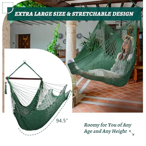 Image of Bathonly Large Hammock Chair with Spreader Bar, Caribbean Hammock Swing Chair, XL Hammock Chair Outdoor Indoor, 330 LBS Weight Capacity, Green