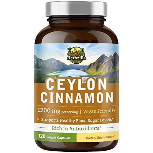 Herbzilla Organic Ceylon Cinnamon 1200mg Made from Freshly Ground True Cinnamon from Sri Lanka, Blood Sugar Support & Antioxidant Functions, Best Vegan 120 caps, Non-GMO, NO Gluten & NO Soy