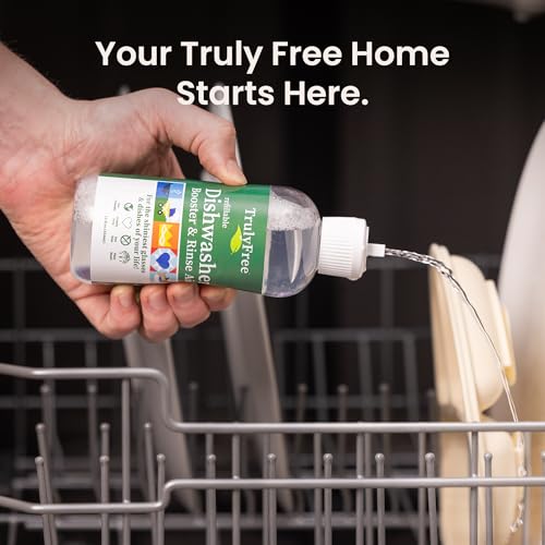 truly free natural dishwasher booster amp rinse aid - non-toxic dishwashing aid formula removes residue amp tough dish stains water spot remover - includes 1 reusable empty 12 oz bottle amp 1 refill