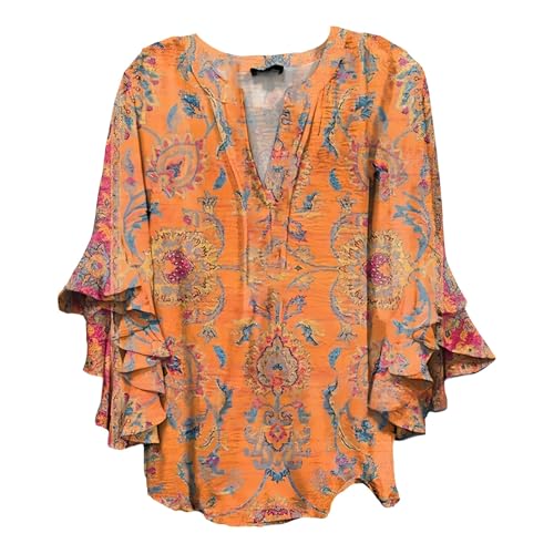 Womens 3/4 Sleeve Shirts Vintage Boho Floral Print Tops Ladies Loose Fit Lightweight V Neck Button Down Blouses