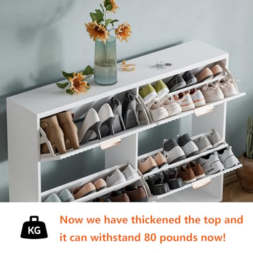 Image of Shoe Cabinet Storage,Modern Freestanding Organizer with 4 Flip Drawers,Narrow Shoe Rack Cabinet for Entryway,White