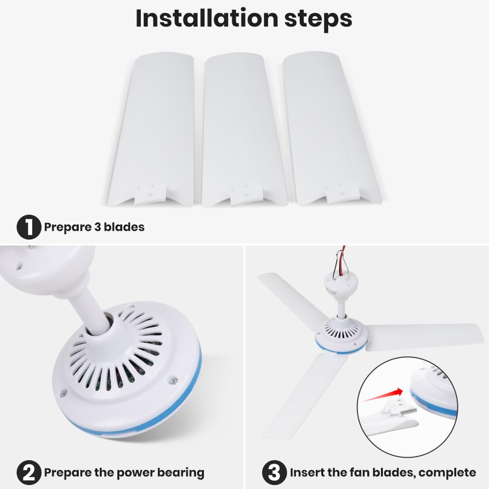 DC 12V Portable Mini Ventilateur de Plafond 19.7" - Camping Tente Extérieur Camping Car Gazebo - Alimenté par Batterie Conception Silencieuse