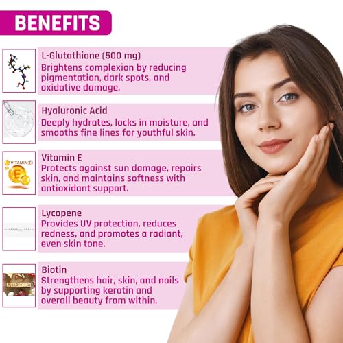 Image of Pure Nutrition Reduced L Glutathione Supplements | Glutathione Tablets for Skin Whitening With Hyaluronic Acid, Vitamin E & Biotin | Support Skin Health & Antioxidant | Skin Glow Tablets For Men & Women - 30 Veg Capsules