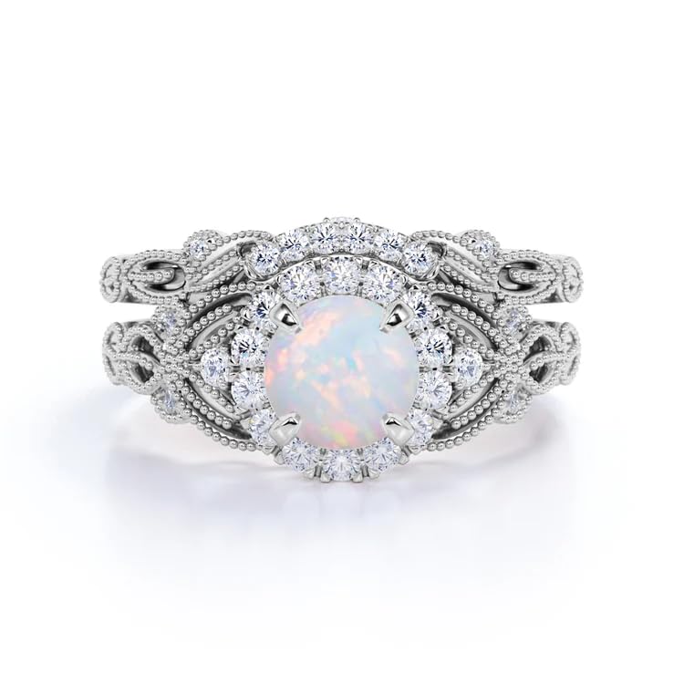 Vintage Art Deco 1.25 Carat Fire Opal Round Cut Engagement Ring Set ,18K Rose Gold Opal Ring , Rose Flower Wedding & Anniversary Ring Promise Ring For Women & Ladies Partywear Gemstone Ring Gift For Her {BL-OPL-122}