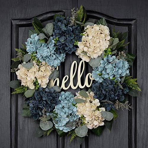 QUNWREATH Spring Wreath for Front Door Summer Wreath Handmade 18 Inch White Blue Hydrangea Wreath Hello Wreath Farmhouse Wreath Grapevine Wreath