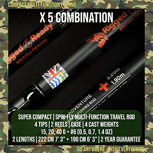 X5 Travel Fishing Combination. Super Compact Travel Rod, 1 Spin + 1 Fly Reel + Case. 1 Rod 5 Fishing Options. 2.2M (7’ 2”) + 1.9M (6'3") Lengths. Multi-Function Spin, Baitcast, Fly Fishing #TOP2