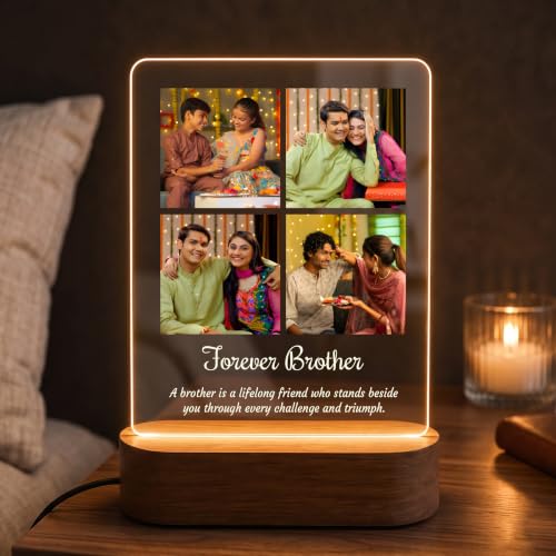 Image of Giftplease Personalized Brother Gift Photo Night Light - Custom Acrylic Picture Frame Plaque with Photos & Wooden LED Base, Brother Custom Desk Lamp, Meaningful Birthday, Rakhi Gifts for Brother