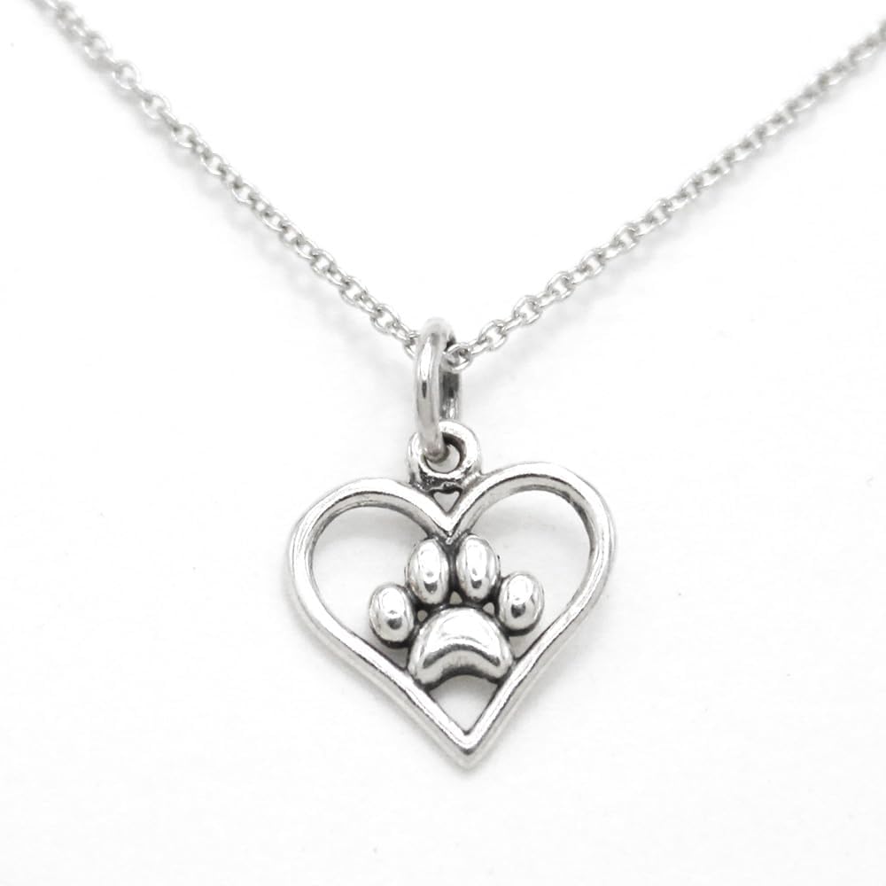 Sterling Silver Tiny Heart Charm with Paw Print Necklace,18"
